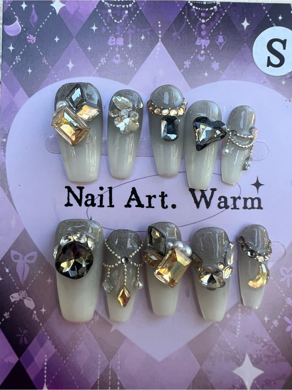 Press on Nails Princess Gem Rhinestone Ombré Coffin Size Small Set of 10 Nails